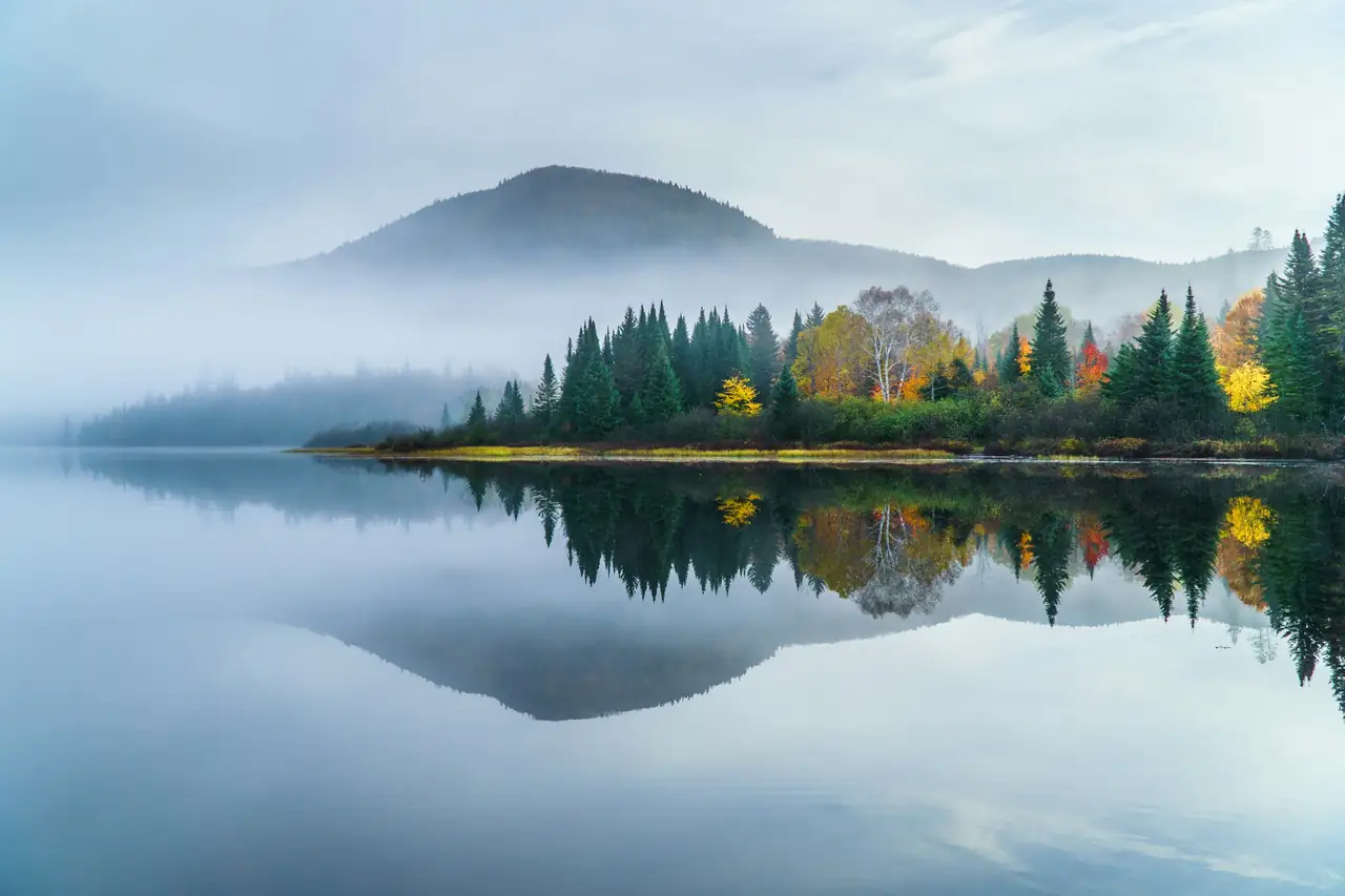 Lac brumeux et reflets au lever du jour